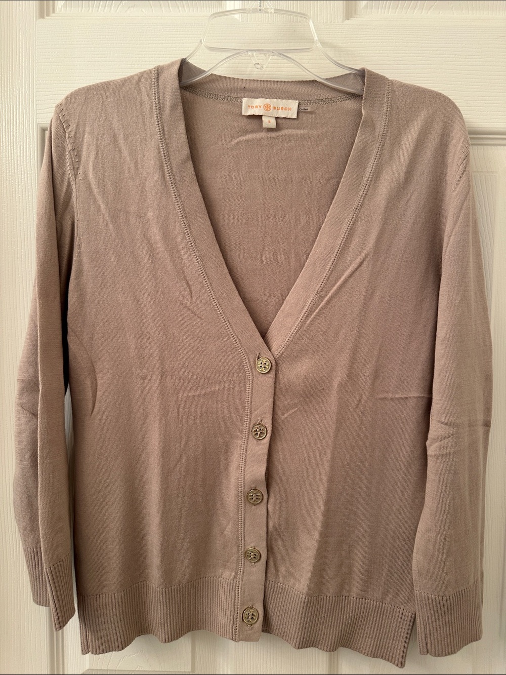 Tory Burch Dusty Taupe Button-Front V-Neck Cardigan
